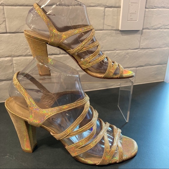 NWT sz 8.5 David Aaron gold metallic iridescent strappy heeled sandals - Picture 5 of 16